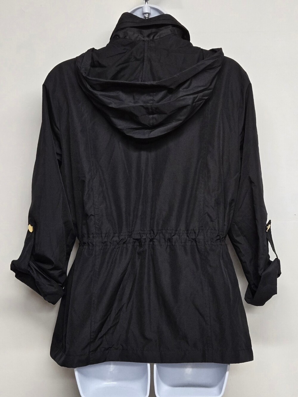 Style & Co Utility Windbreaker Jacket Black Gold Hardware Roll Tab Sleeves PS - Picture 4 of 7